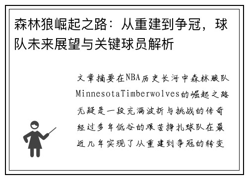森林狼崛起之路：从重建到争冠，球队未来展望与关键球员解析