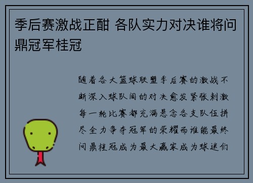 季后赛激战正酣 各队实力对决谁将问鼎冠军桂冠