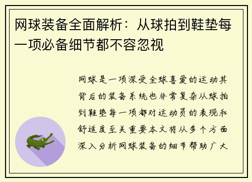 网球装备全面解析：从球拍到鞋垫每一项必备细节都不容忽视